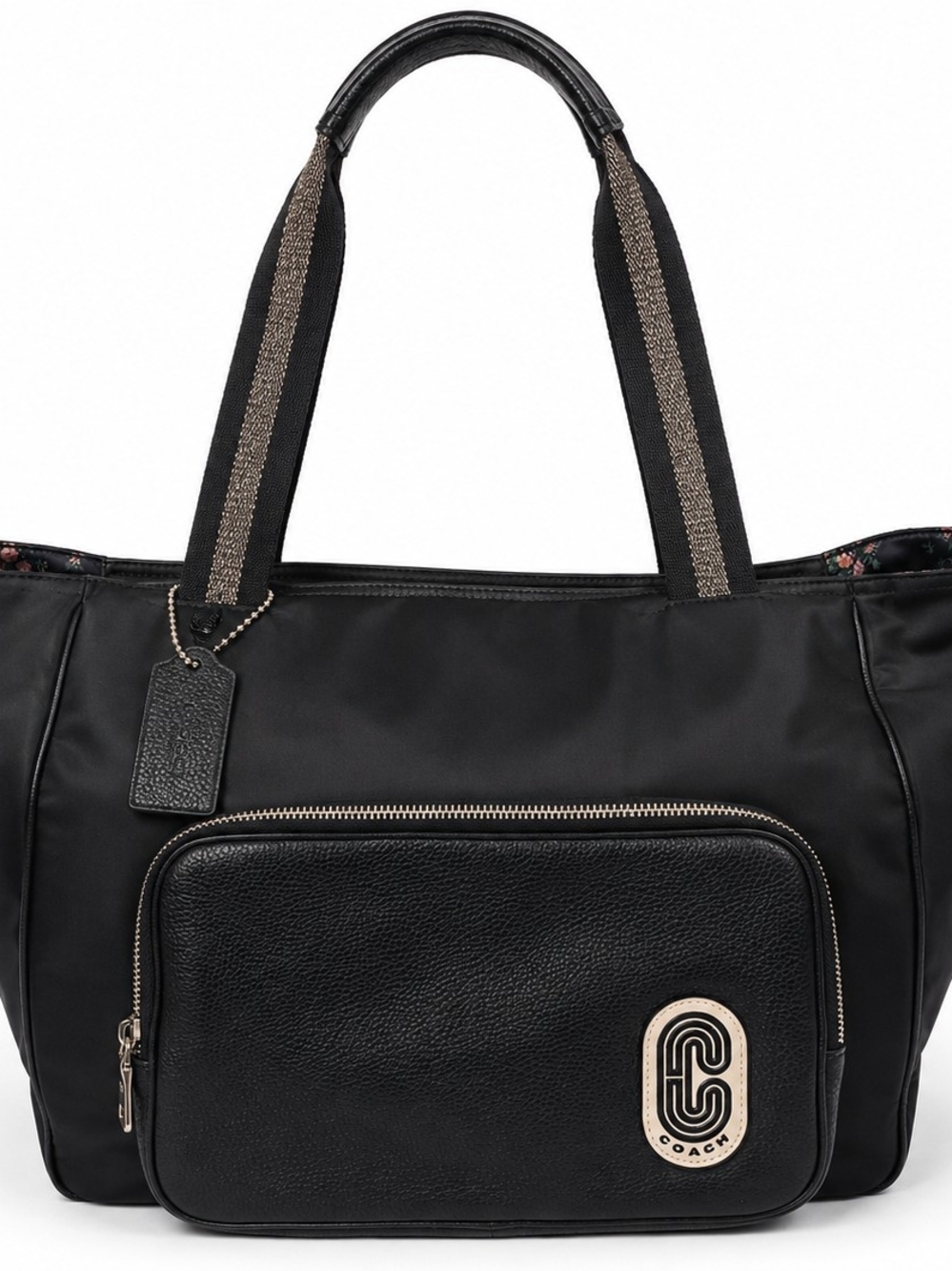 Coach Black Nylon Tote with Black Leather Front Pouch and Metallic Trim